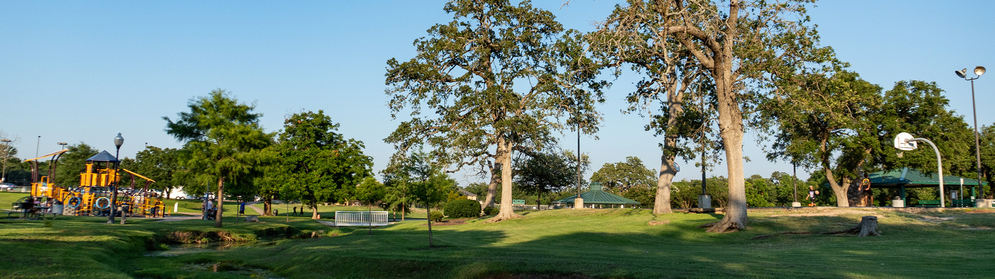 Panoramic photo of Sue Haswell's playground, water area, trees, pavilions and basketball court