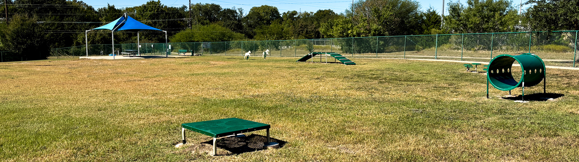 Dog park components on a grassy area.